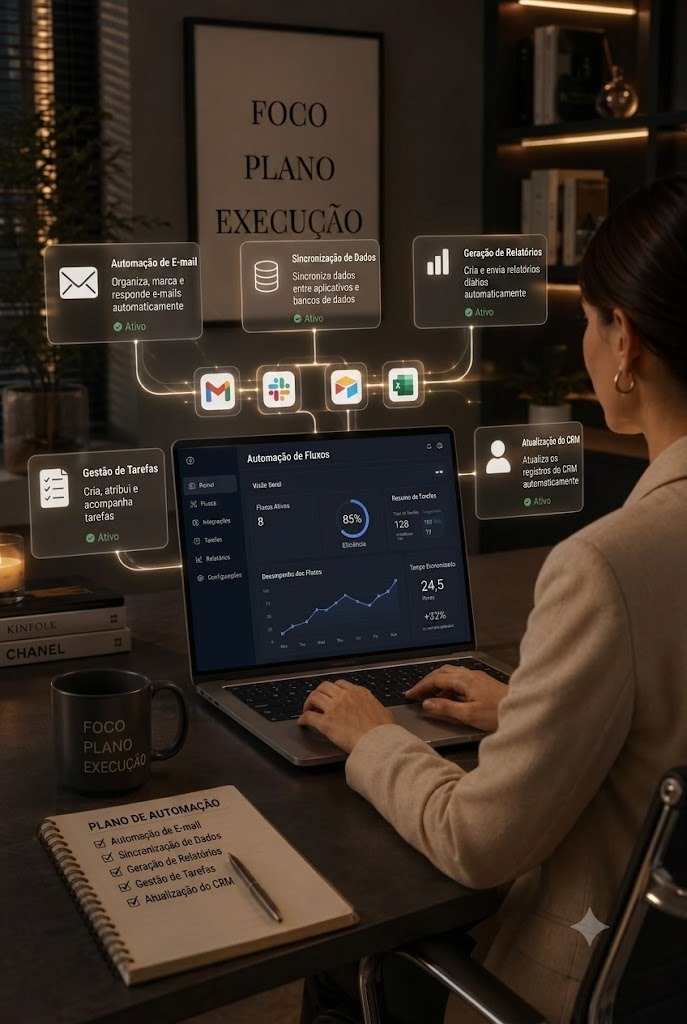 Painel de automação de fluxos conectando e-mail, tarefas e relatórios